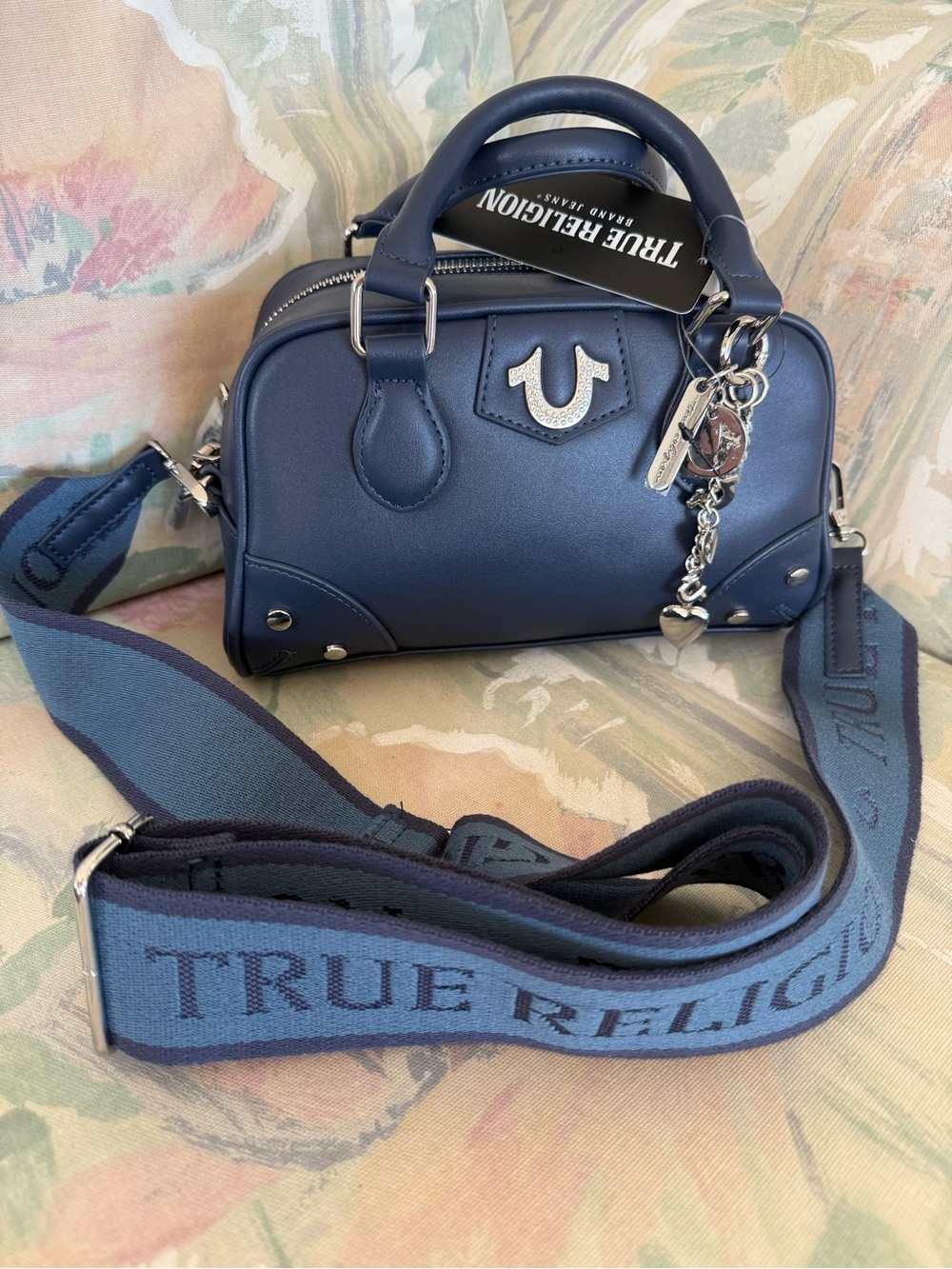 NWT True Religion Blue Satchel Crossbody Bag Horseshoe Metallic Logo Wide Strap